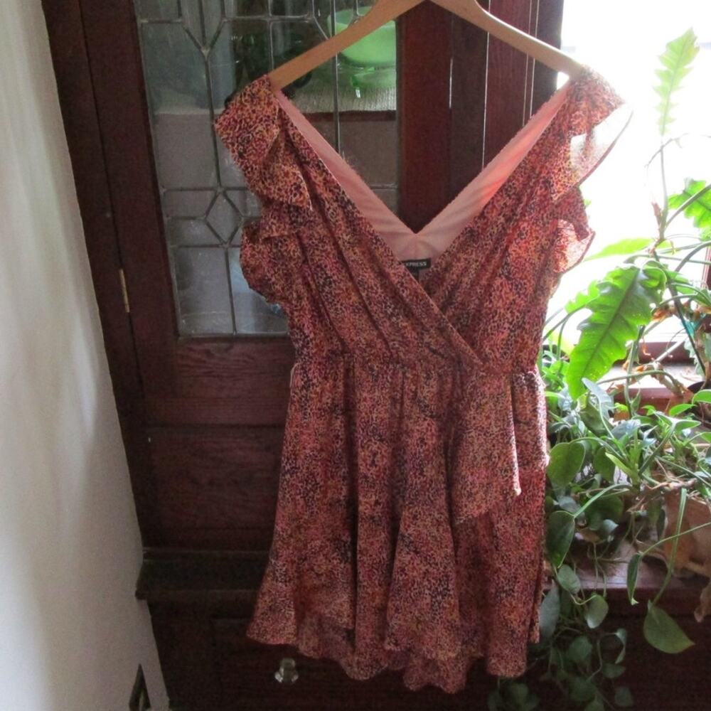 Express Pink Abstract Print Ruffle Faux Wrap Dress Size S/M - Picture 7 of 17